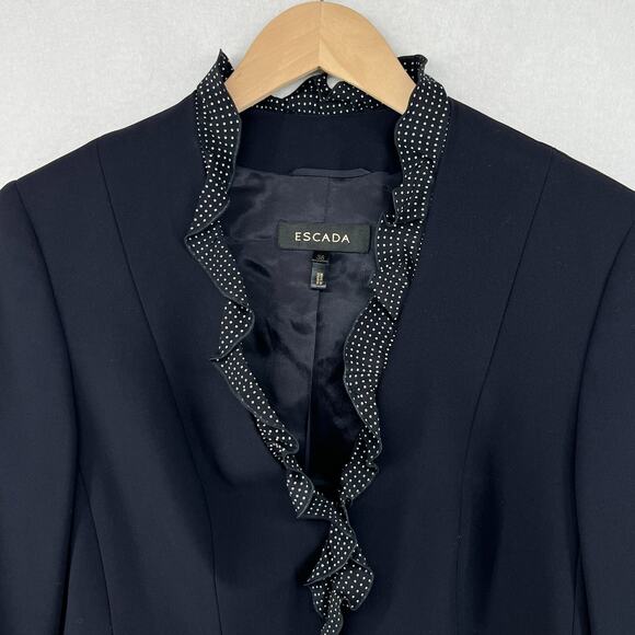 ESCADA Blazer Womens 38 Stretch Wool Twill Polka Dot Ruffle Trim Jacket Black - Picture 3 of 16